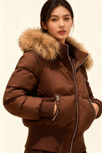 Veste matelassée femme à capuche, col fausse fourrure, S au XL, brun
