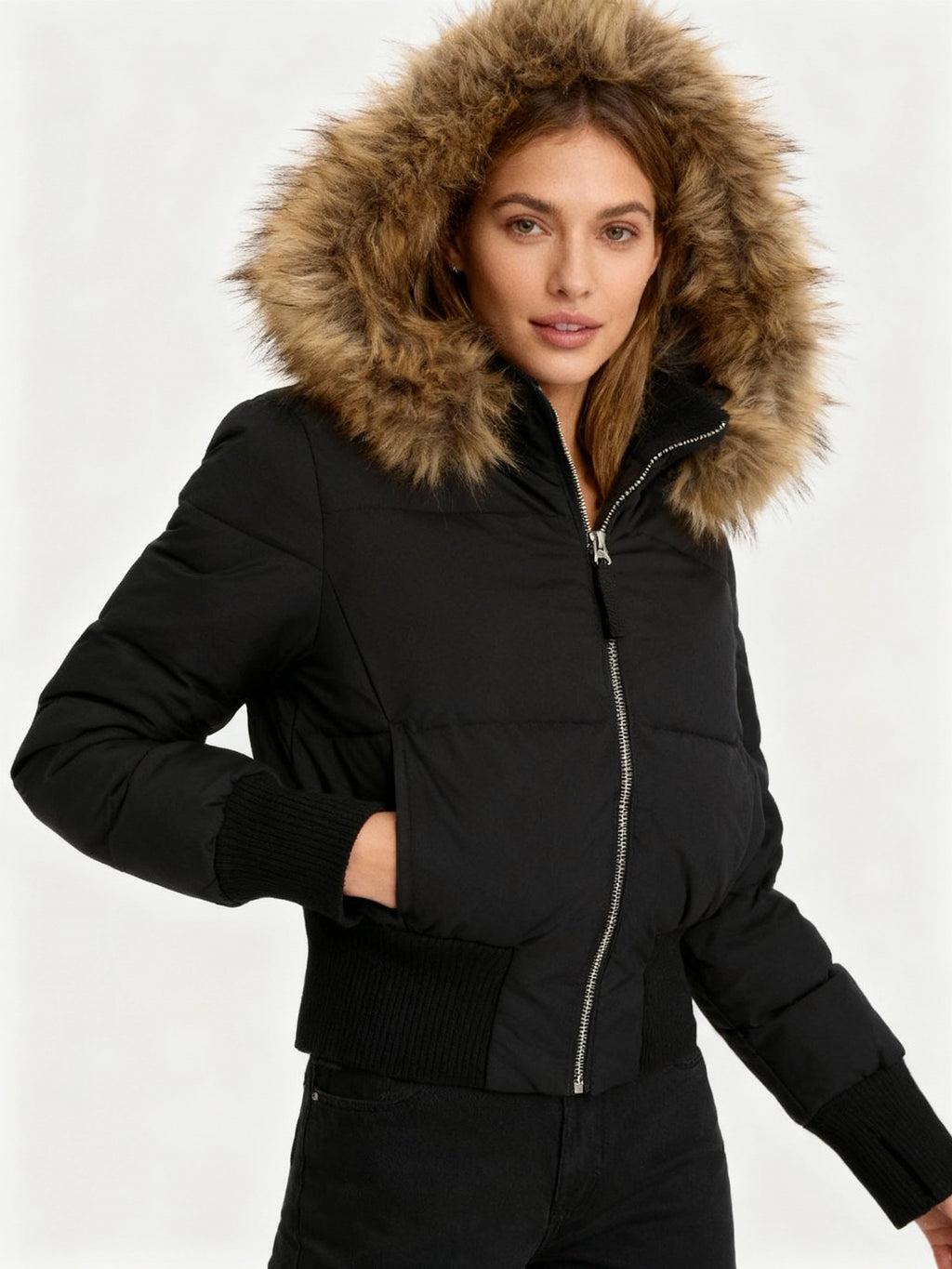 Veste matelassée femme à capuche, col fausse fourrure, S au XL