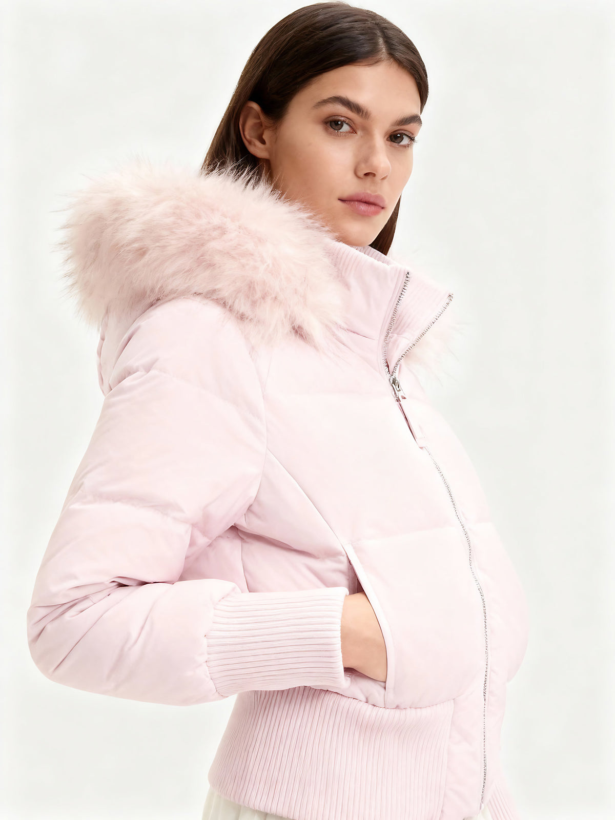 Veste matelassée femme à capuche, col fausse fourrure, S au XL, rose