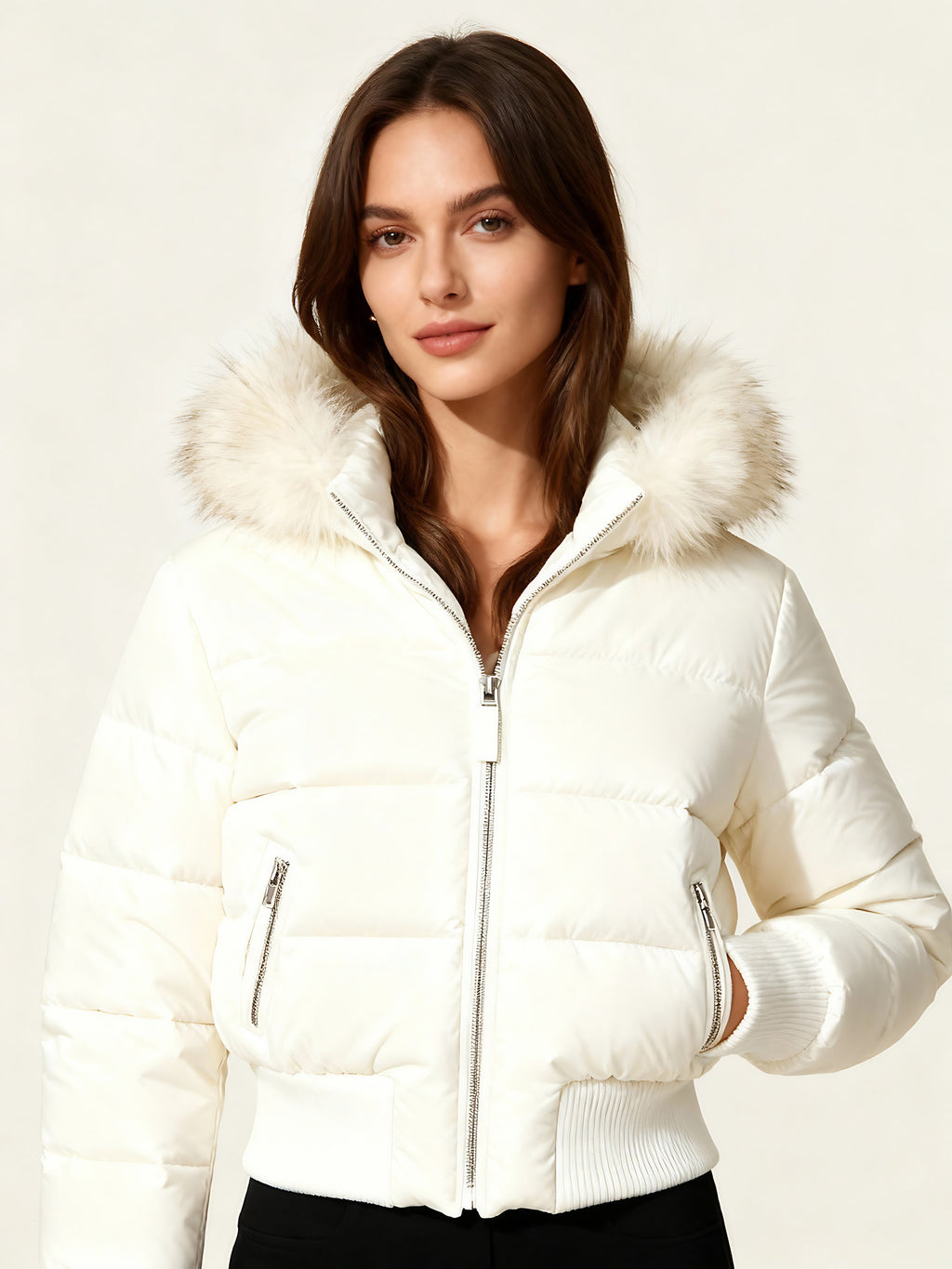 Veste matelassée femme à capuche, col fausse fourrure, S au XL, blanc