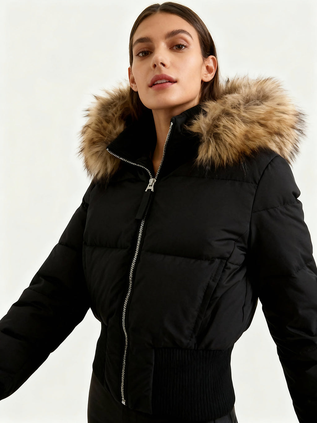 Veste matelassée femme à capuche, col fausse fourrure, S au XL, noir