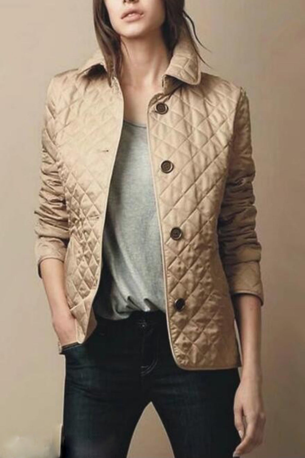 Veste matelassée femme boutonnée, coupe ajustée, mi-saison, kaki