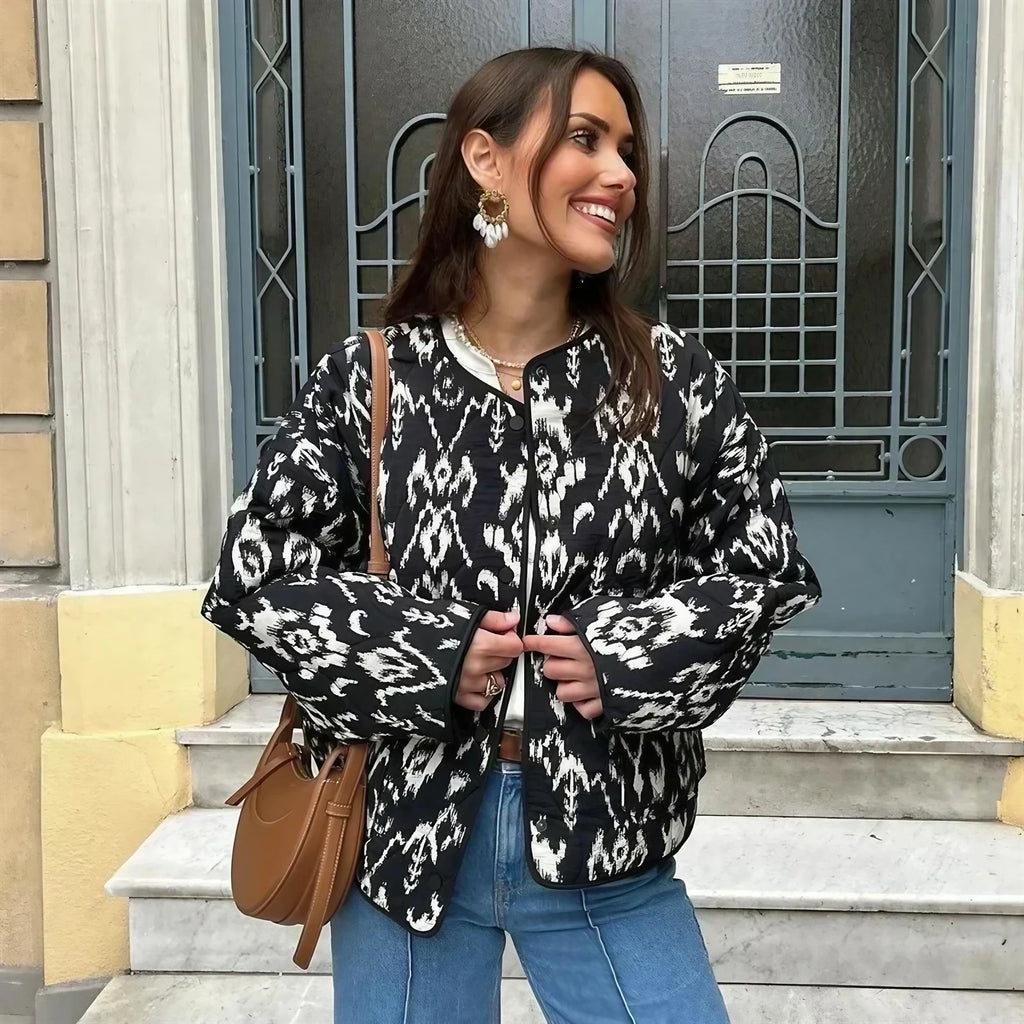 Veste matelassée femme imprimée, col rond, noire, du XS au 2XL