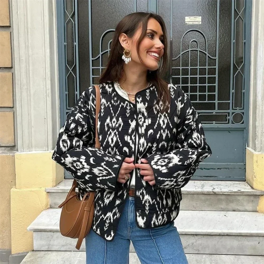 Veste matelassée femme imprimée, col rond, noire, du XS au 2XL