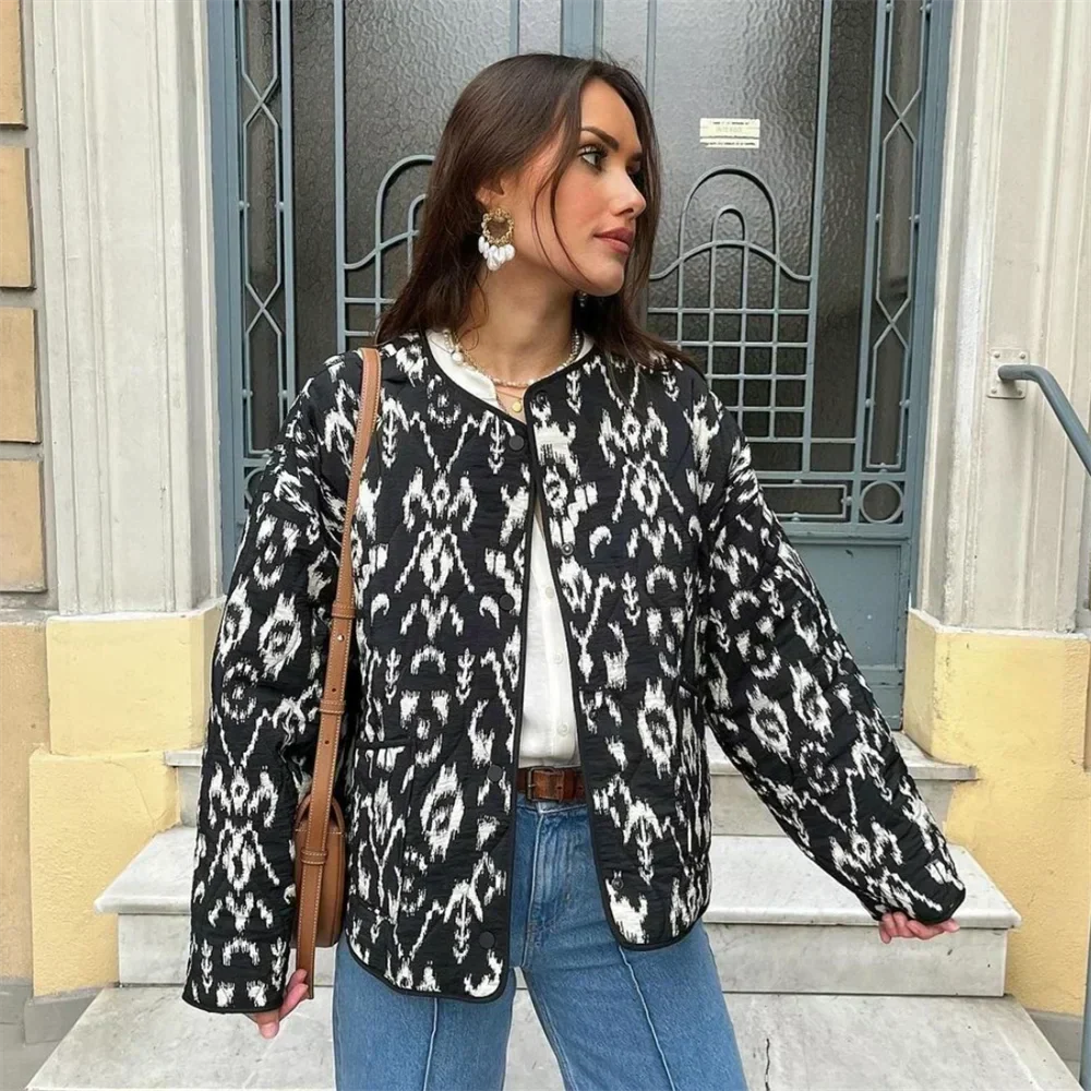 Veste matelassée femme imprimée, col rond, noire, du XS au 2XL