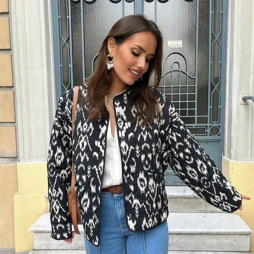 Veste matelassée femme imprimée, col rond, noire, du XS au 2XL