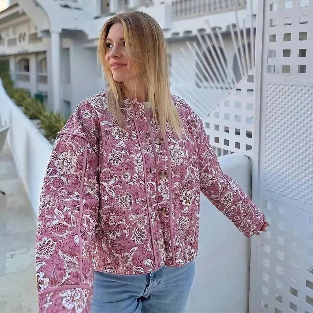 Veste matelassée femme à imprimé fleuri, col rond, coupe ample, rose