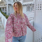 Veste matelassée femme à imprimé fleuri, col rond, coupe ample, rose