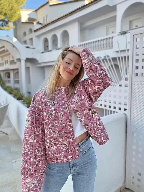 Veste matelassée femme à imprimé fleuri, col rond, coupe ample
