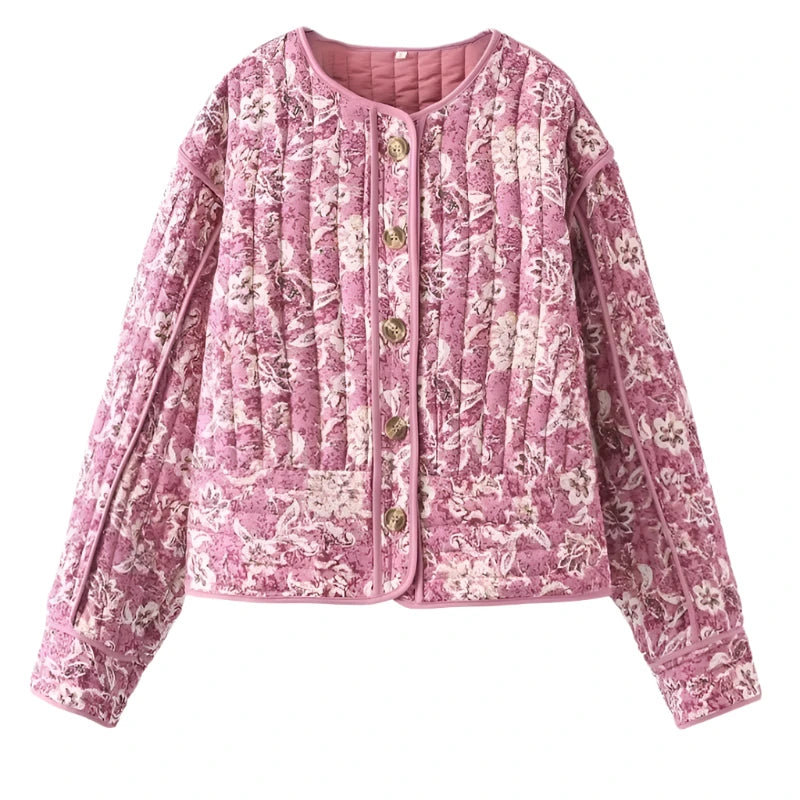 Veste matelassée femme à imprimé fleuri, col rond, coupe ample