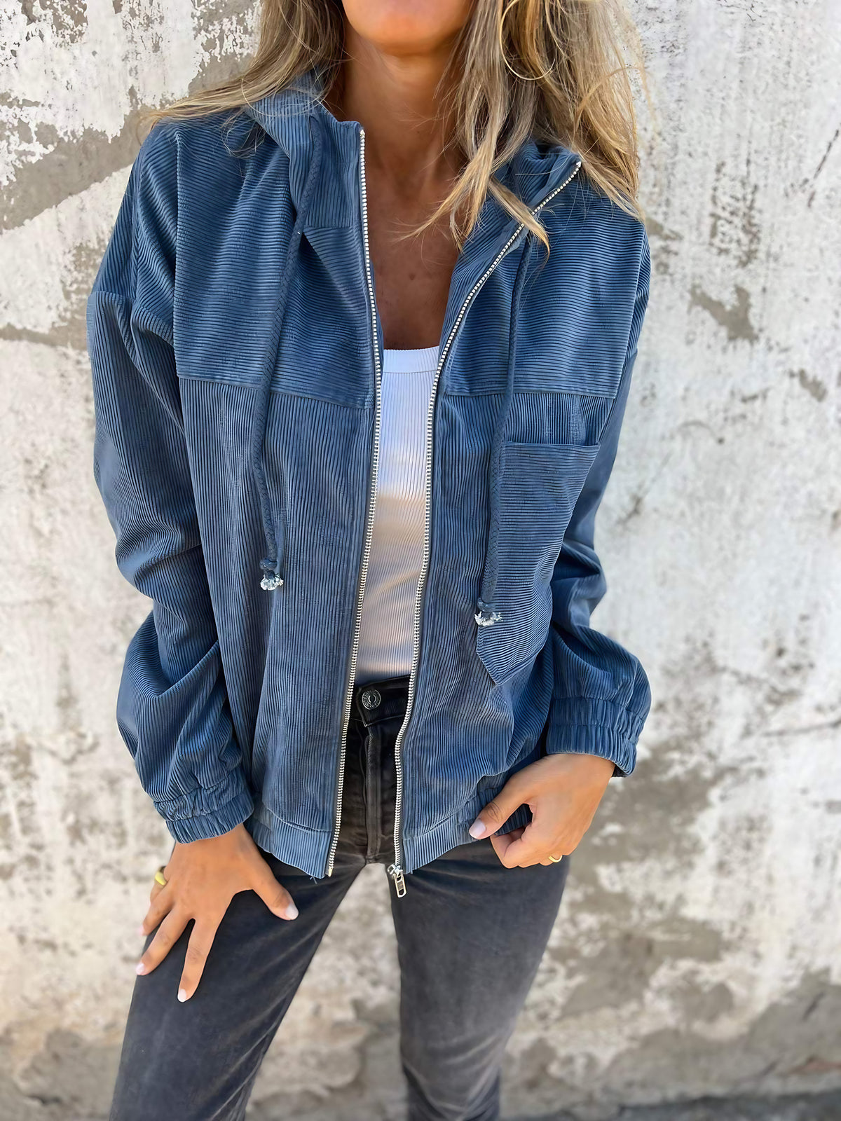 Veste en velours côtelé femme à poches, mi-saison, cinq coloris, bleu