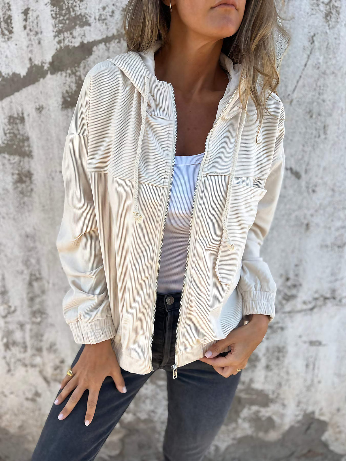 Veste en velours côtelé femme à poches, mi-saison, cinq coloris, blanc