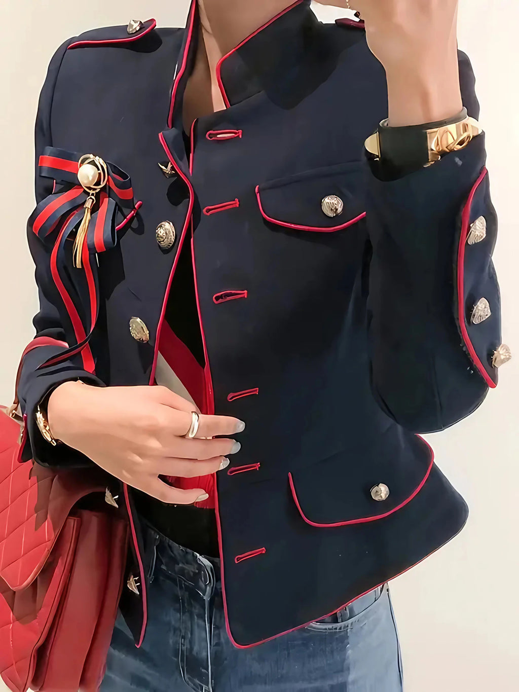 Veste militaire femme bleu foncé, boutons argentés