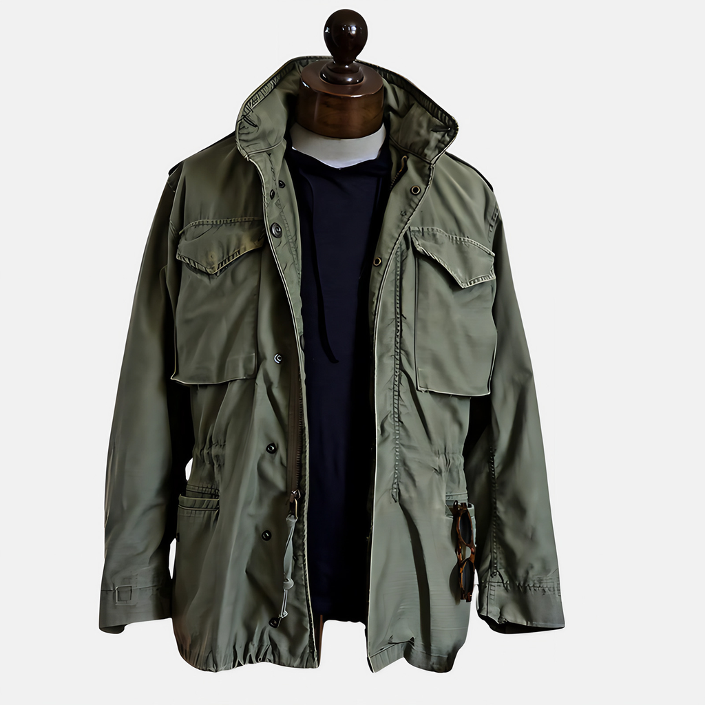 Veste militaire homme vintage, col montant, quatre poches, vert