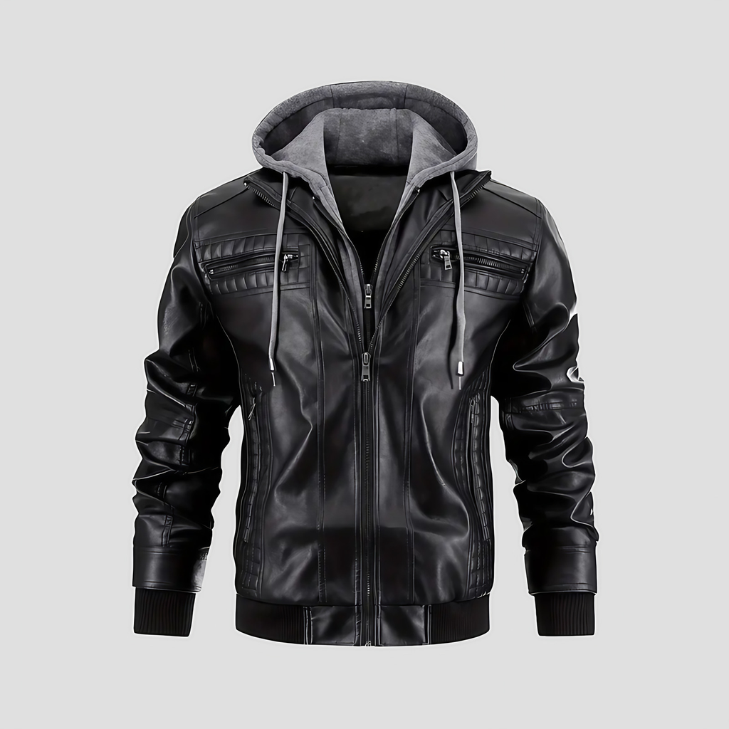 Veste motard homme à capuche amovible, noir ou marron foncé