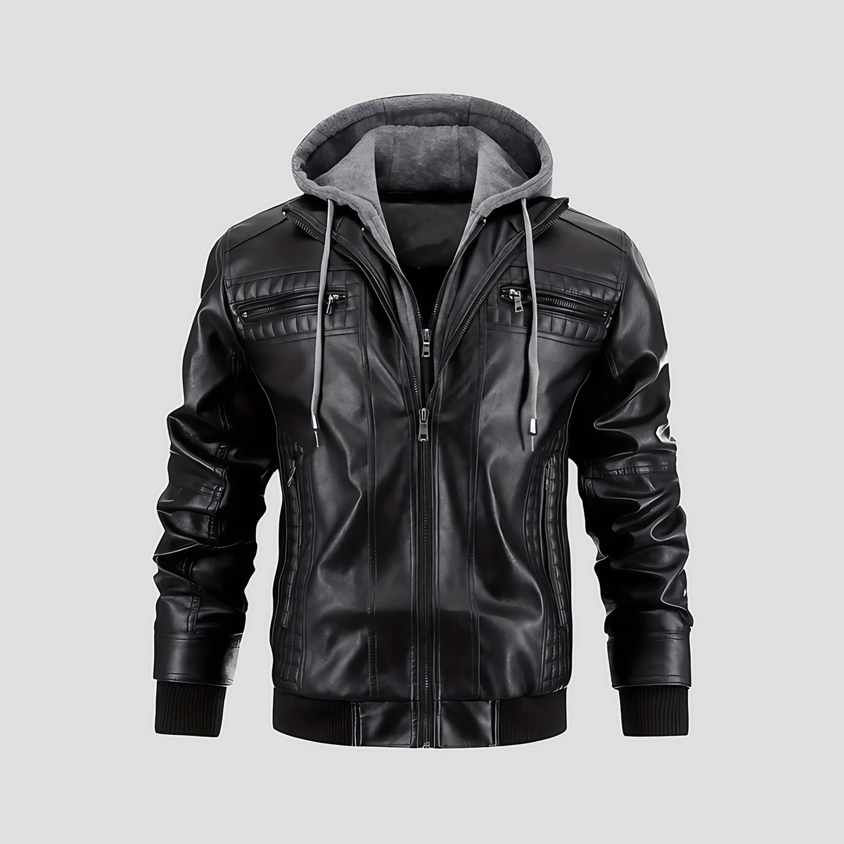 Veste motard homme à capuche amovible, noir ou marron foncé, noir