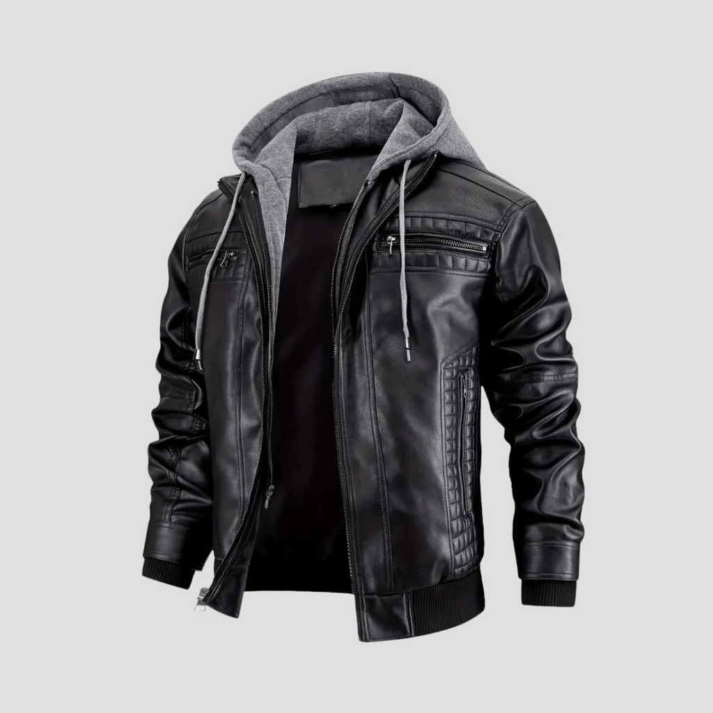 Veste motard homme à capuche amovible, noir ou marron foncé