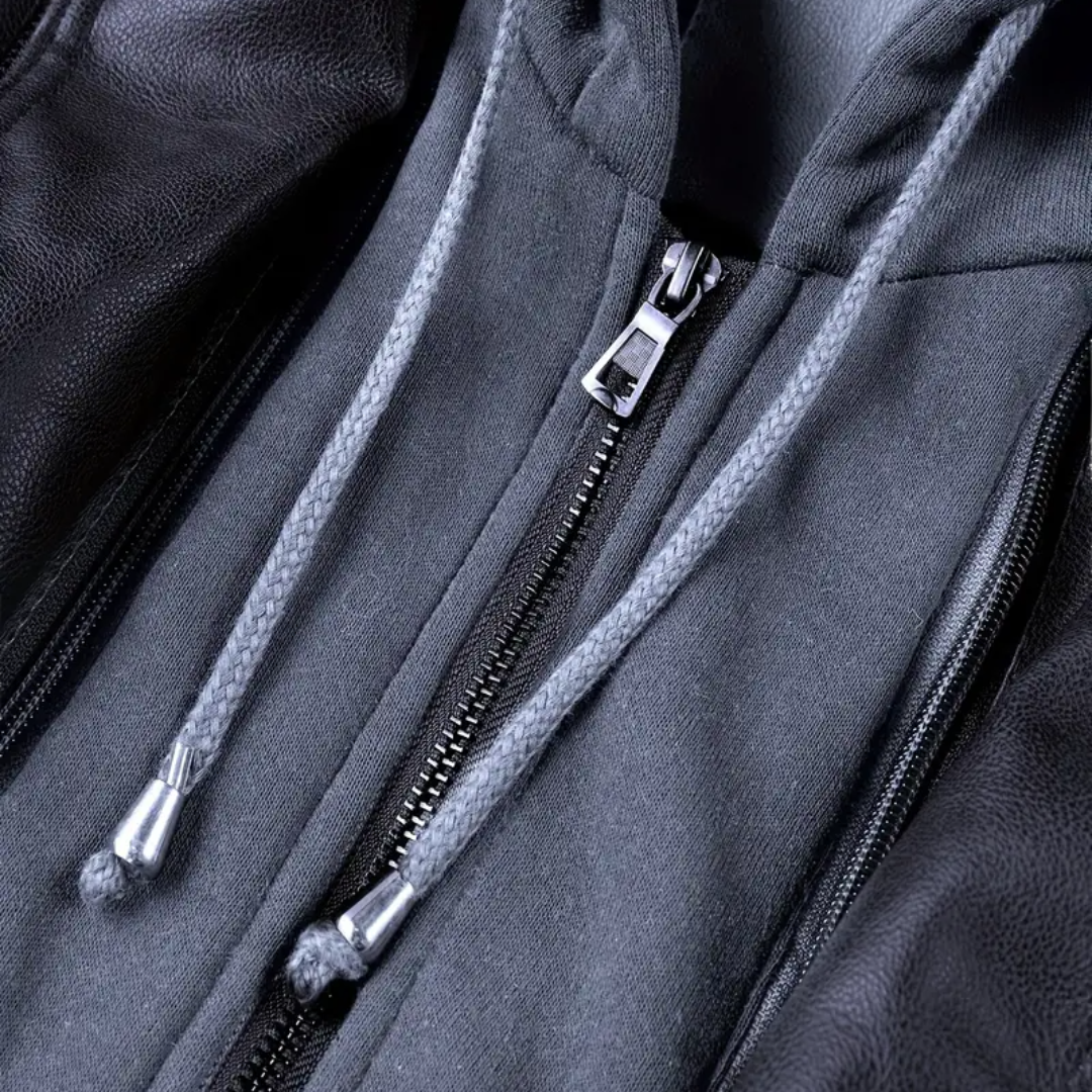 Veste motard homme à capuche amovible, noir ou marron foncé