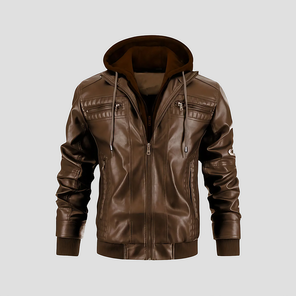 Veste motard homme à capuche amovible, noir ou marron foncé, marron foncé