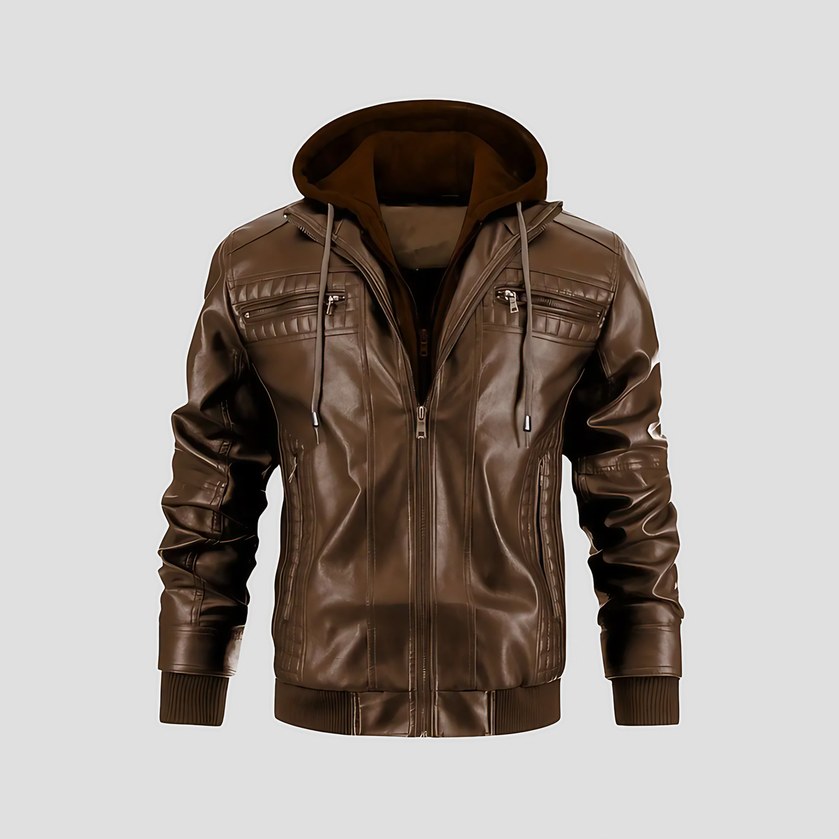 Veste motard homme à capuche amovible, noir ou marron foncé, marron foncé