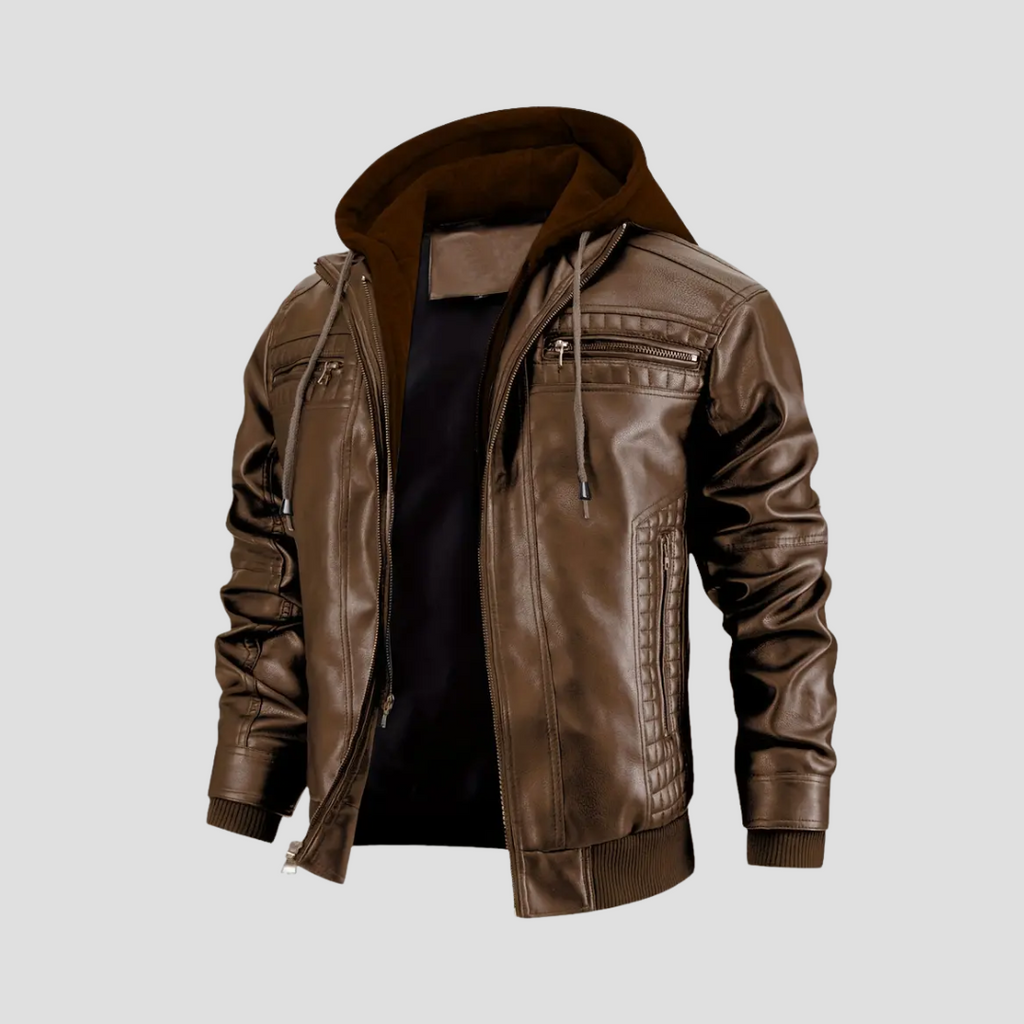 Veste motard homme à capuche amovible, noir ou marron foncé