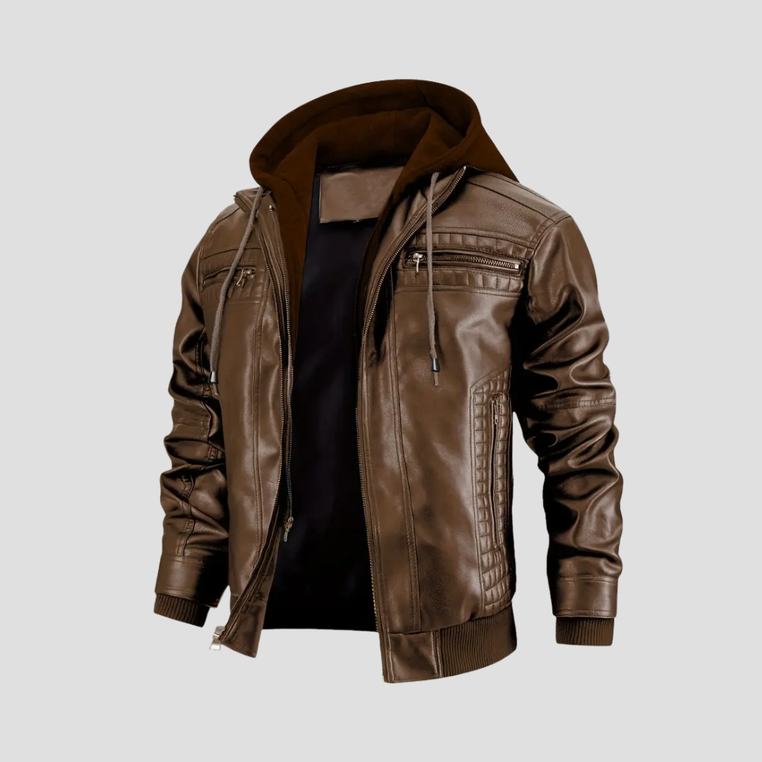 Veste motard homme à capuche amovible, noir ou marron foncé