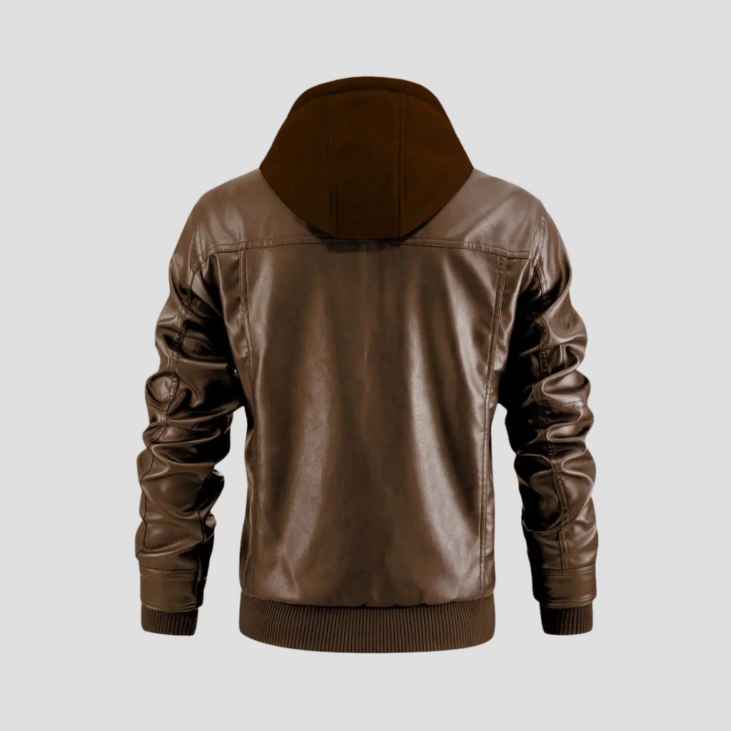 Veste motard homme à capuche amovible, noir ou marron foncé