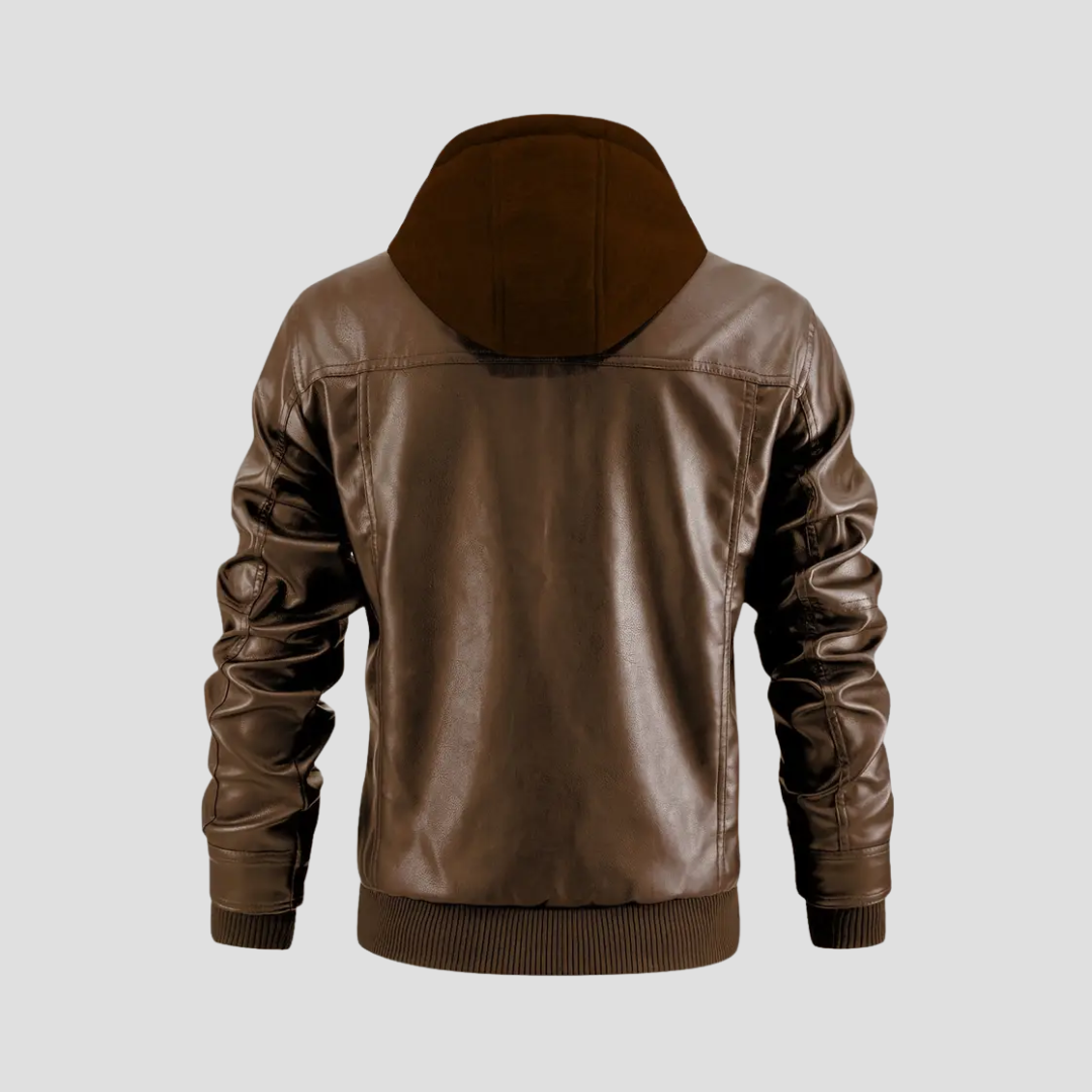Veste motard homme à capuche amovible, noir ou marron foncé