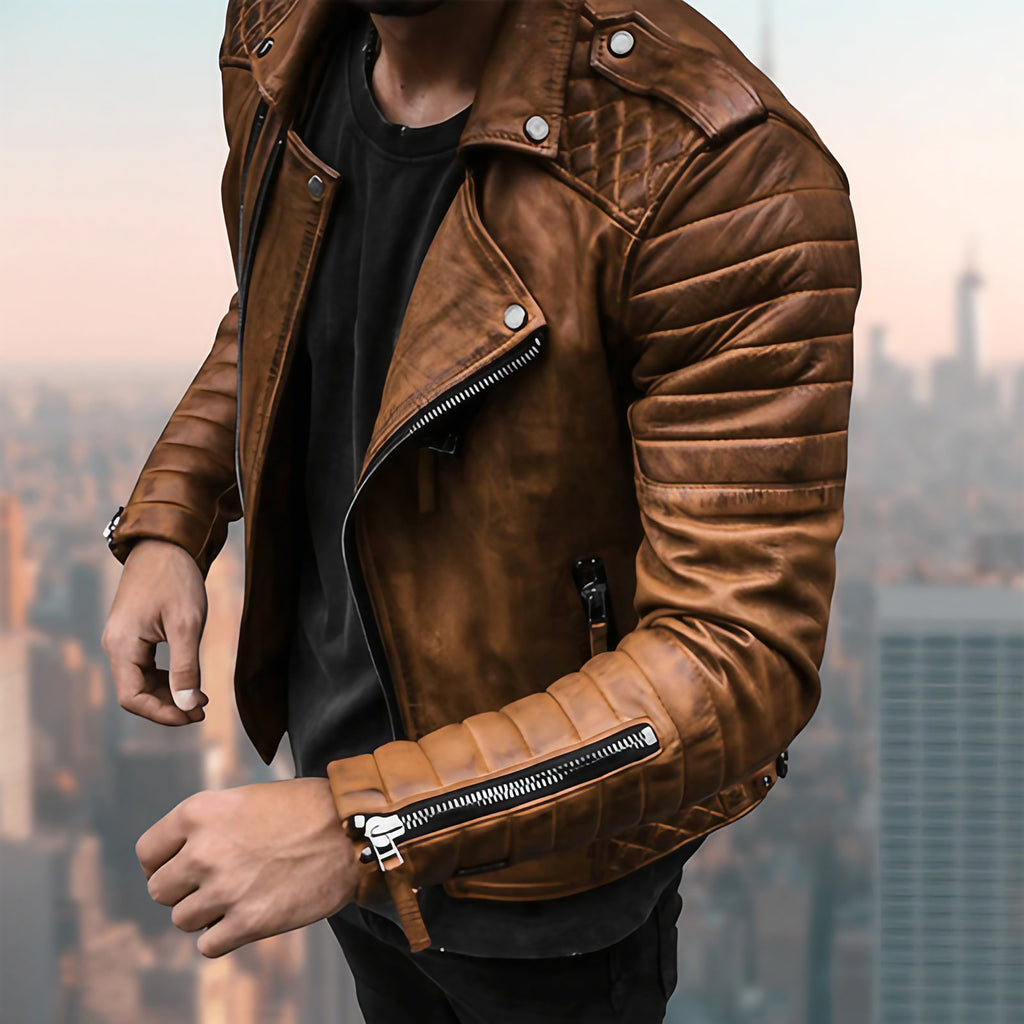 Veste style motard homme coupe ajustée, du S au 5XL, marron