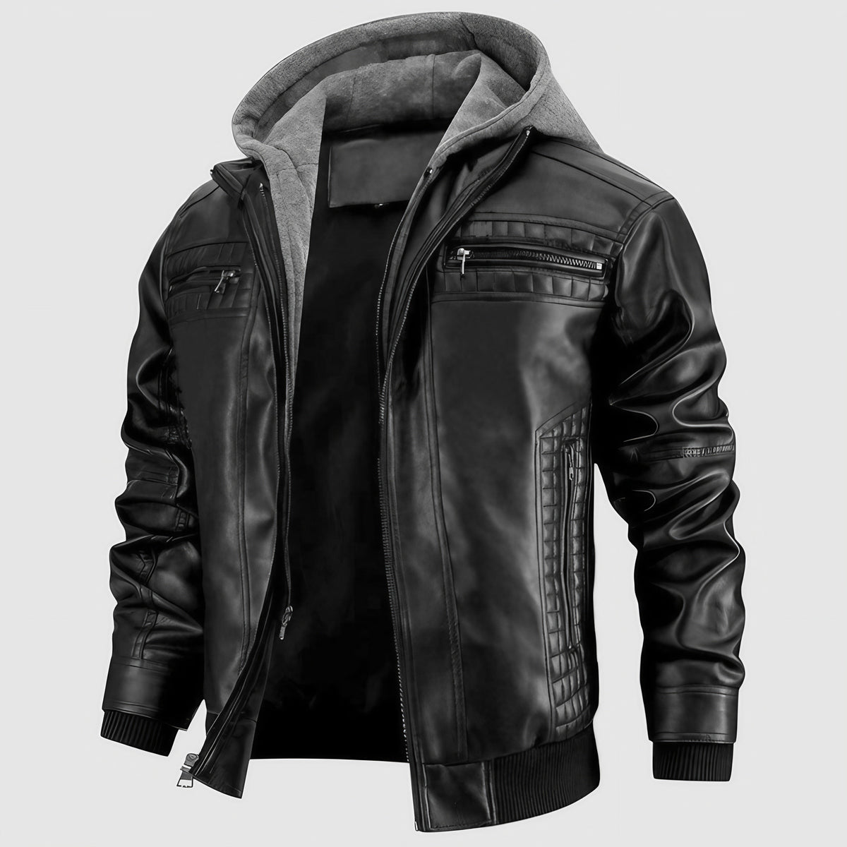 Veste style motard homme rétro, capuche intégrée, zip frontal