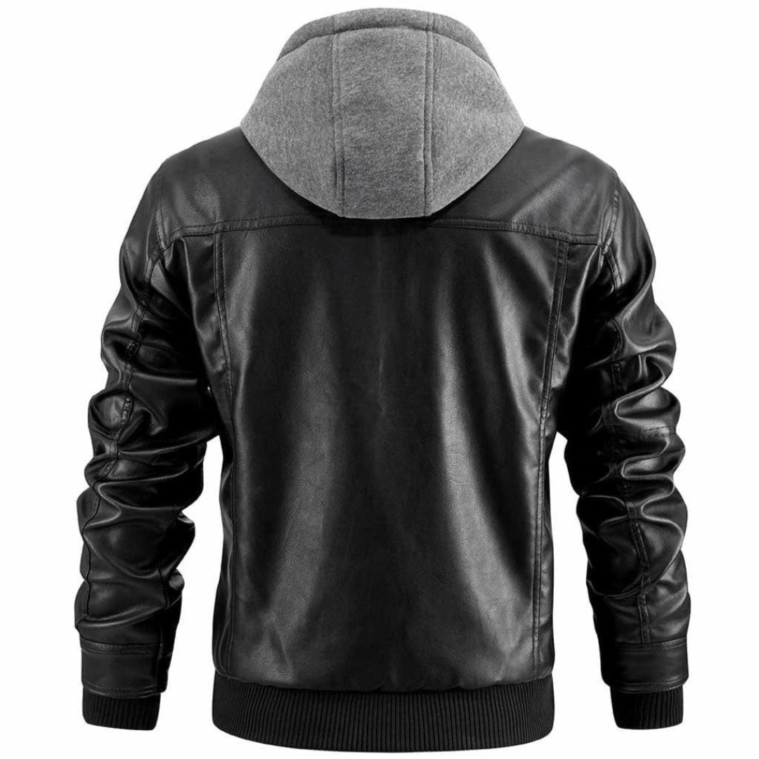 Veste style motard homme rétro, capuche intégrée, zip frontal