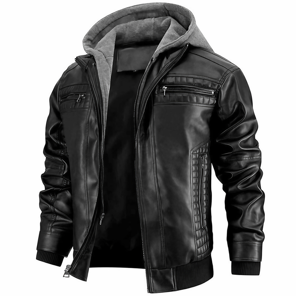 Veste style motard homme rétro, capuche intégrée, zip frontal, noir