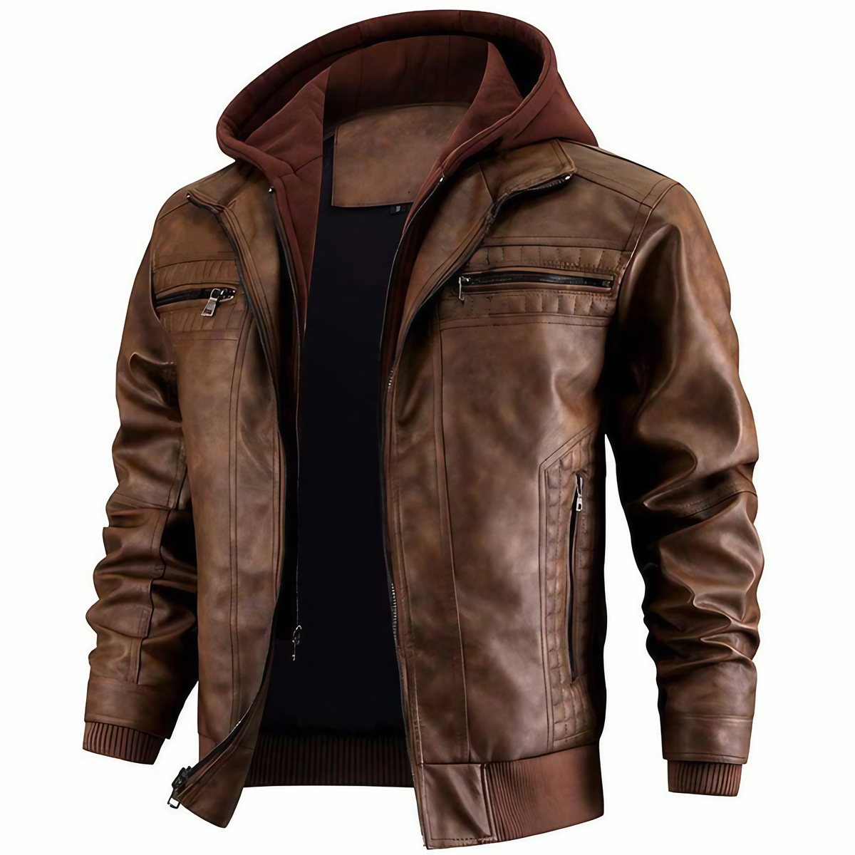 Veste style motard homme rétro, capuche intégrée, zip frontal, marron