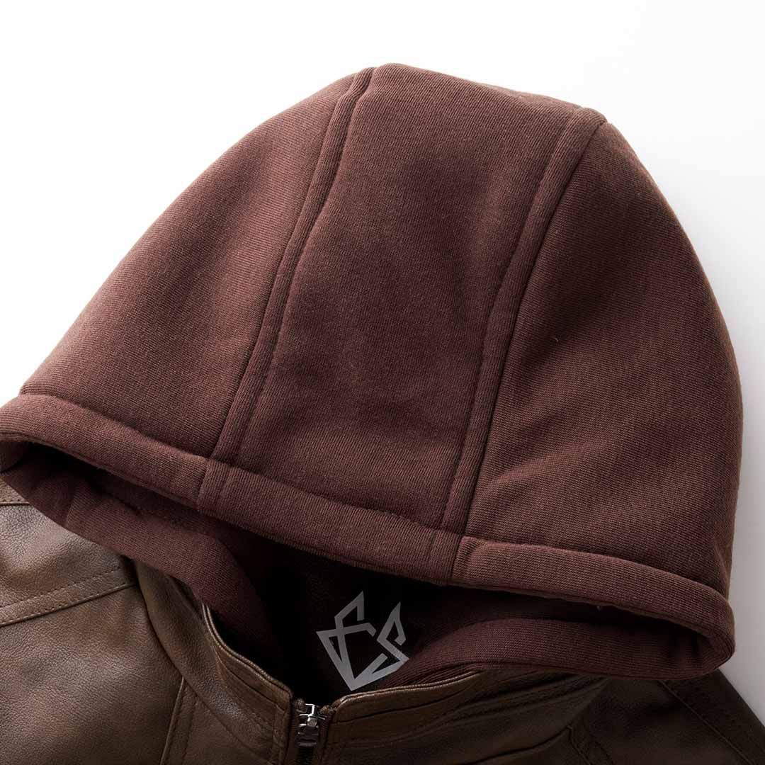 Veste style motard homme rétro, capuche intégrée, zip frontal