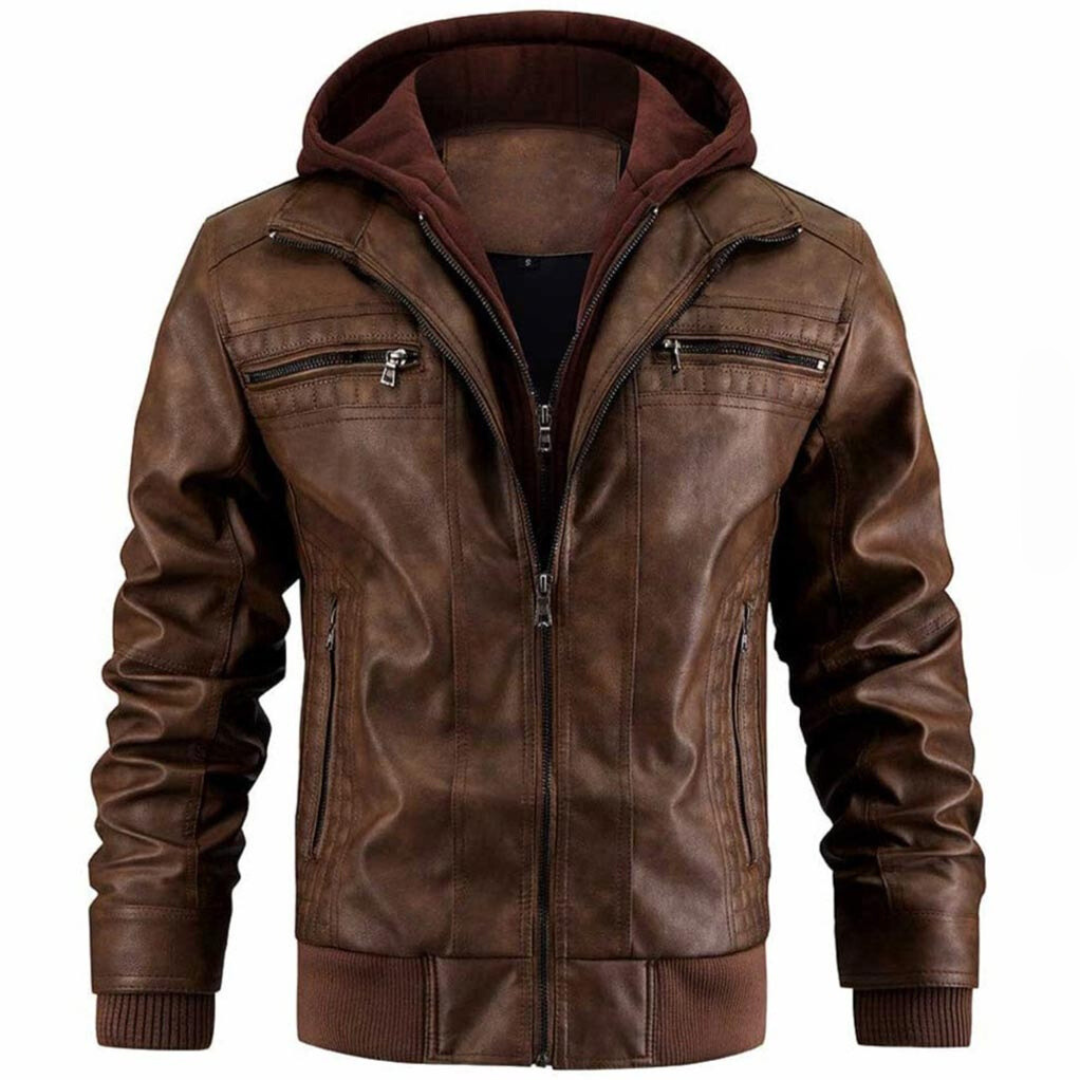 Veste style motard homme rétro, capuche intégrée, zip frontal