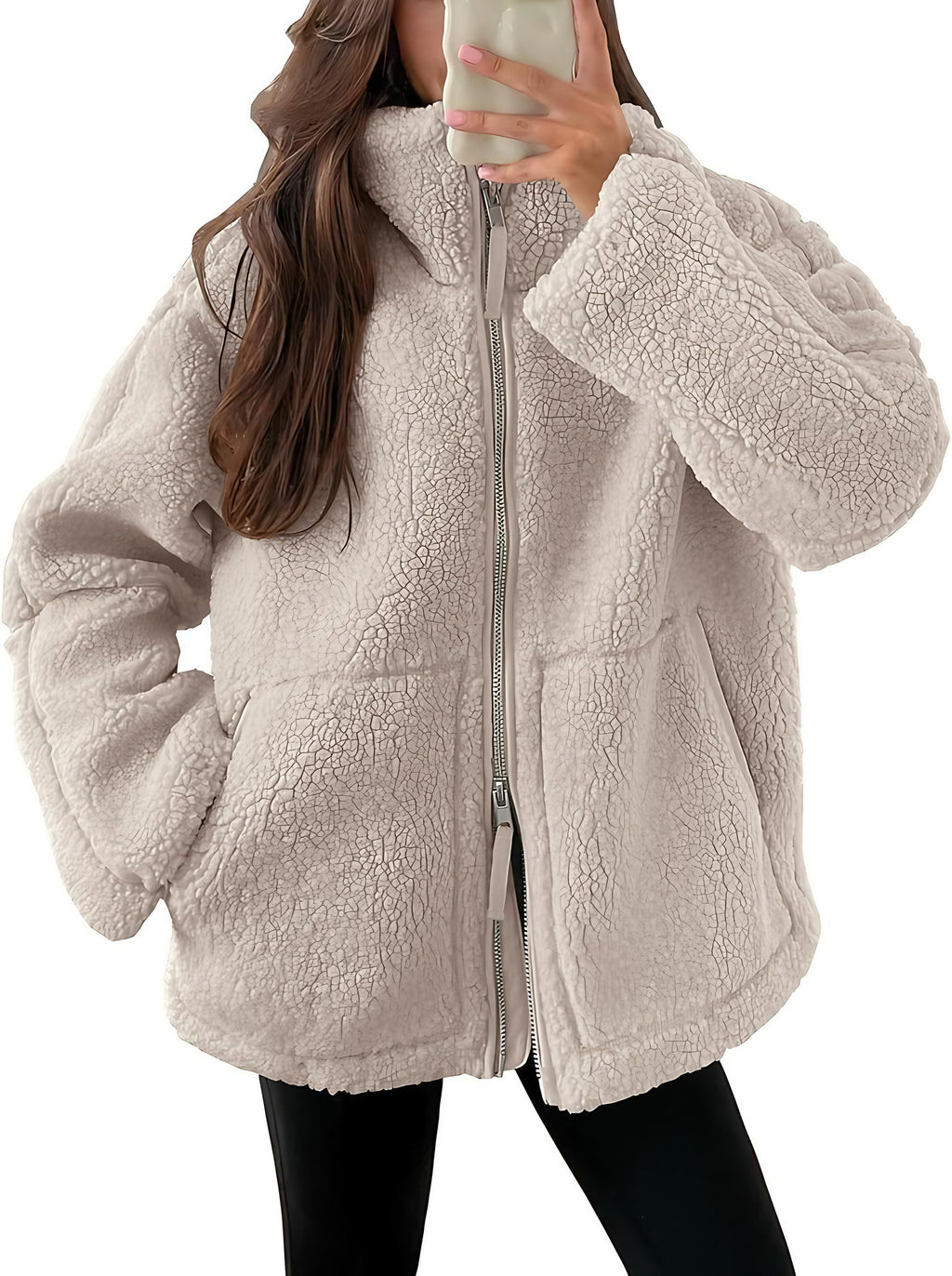 Veste polaire femme à col revers, zip et poches, neuf coloris, abricot