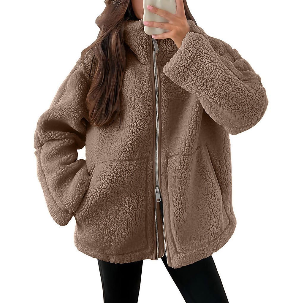 Veste polaire femme à col revers, zip et poches, neuf coloris, chameau