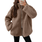 Veste polaire femme à col revers, zip et poches, neuf coloris, chameau