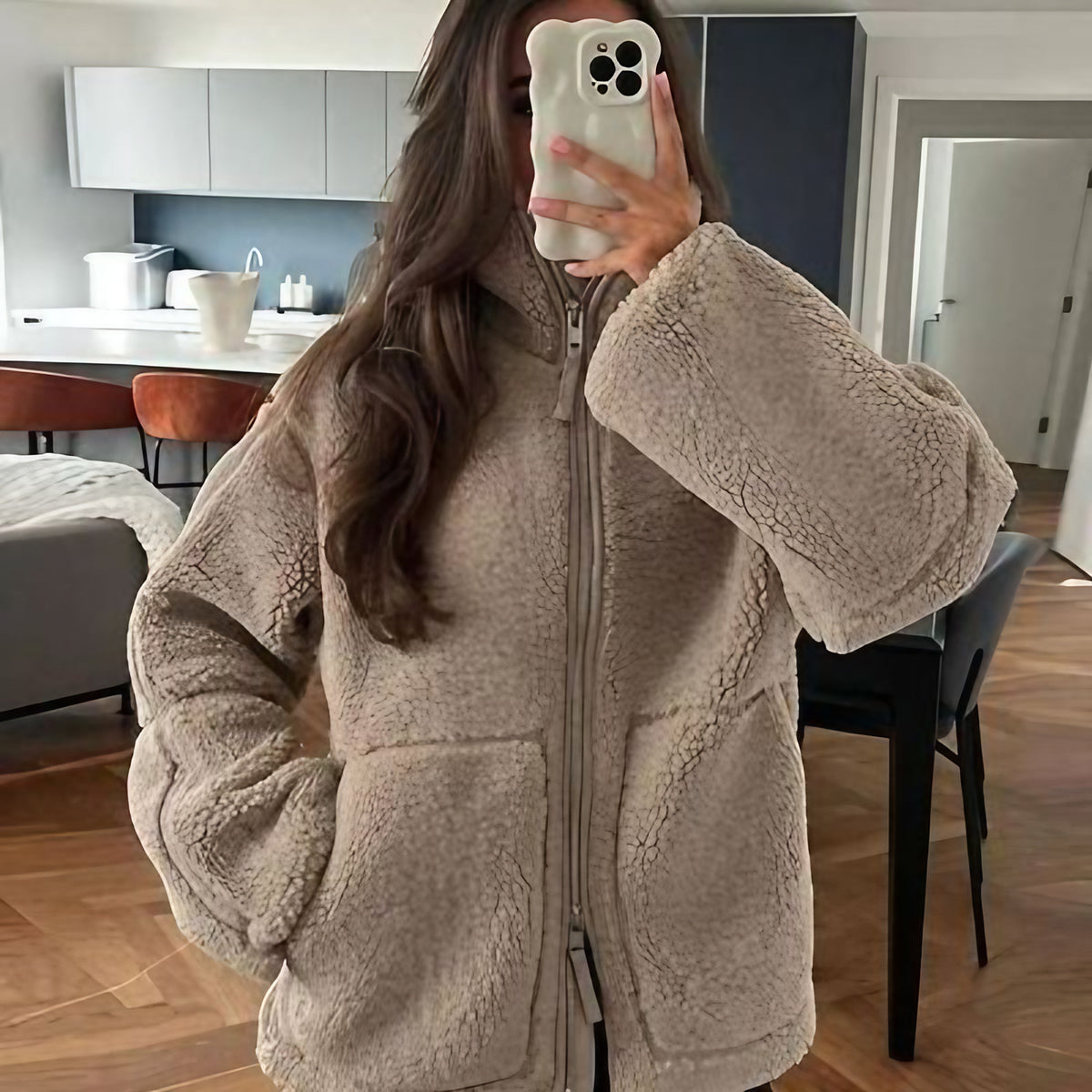 Veste polaire femme à col revers, zip et poches, neuf coloris, marron clair