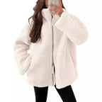 Veste polaire femme à col revers, zip et poches, neuf coloris, blanc