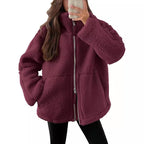 Veste polaire femme à col revers, zip et poches, neuf coloris, rouge vin