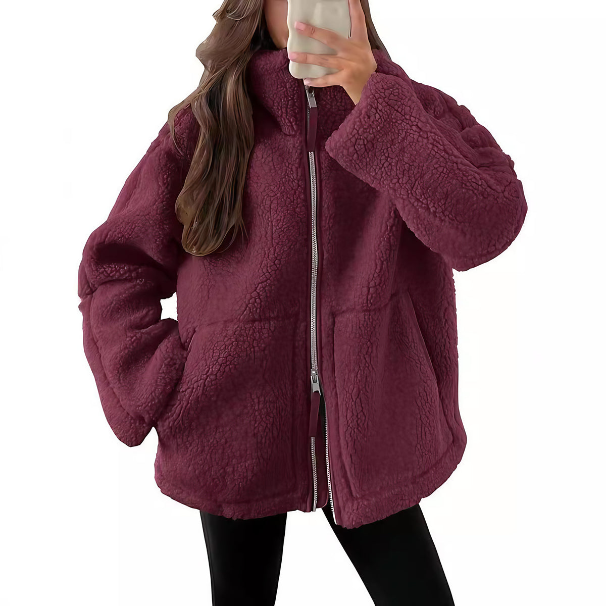 Veste polaire femme à col revers, zip et poches, neuf coloris, rouge vin