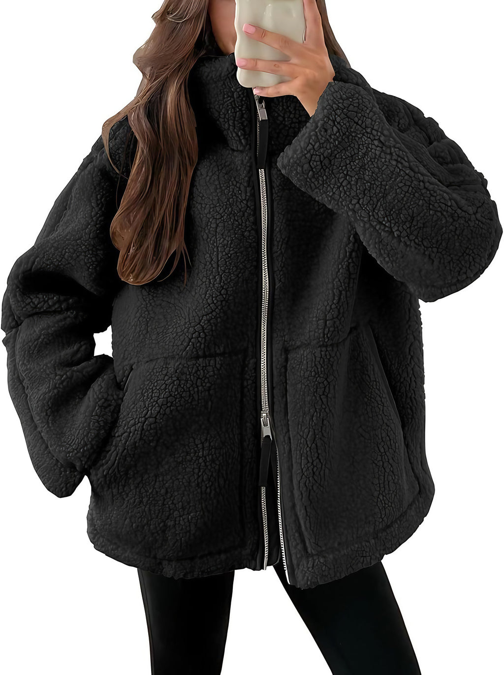 Veste polaire femme à col revers, zip et poches, neuf coloris, noir