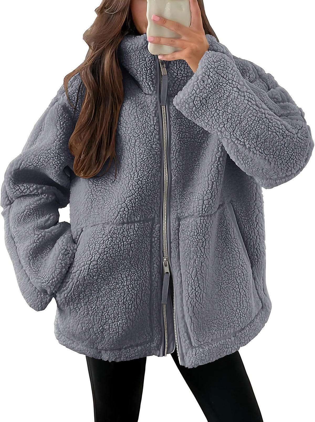 Veste polaire femme à col revers, zip et poches, neuf coloris, gris