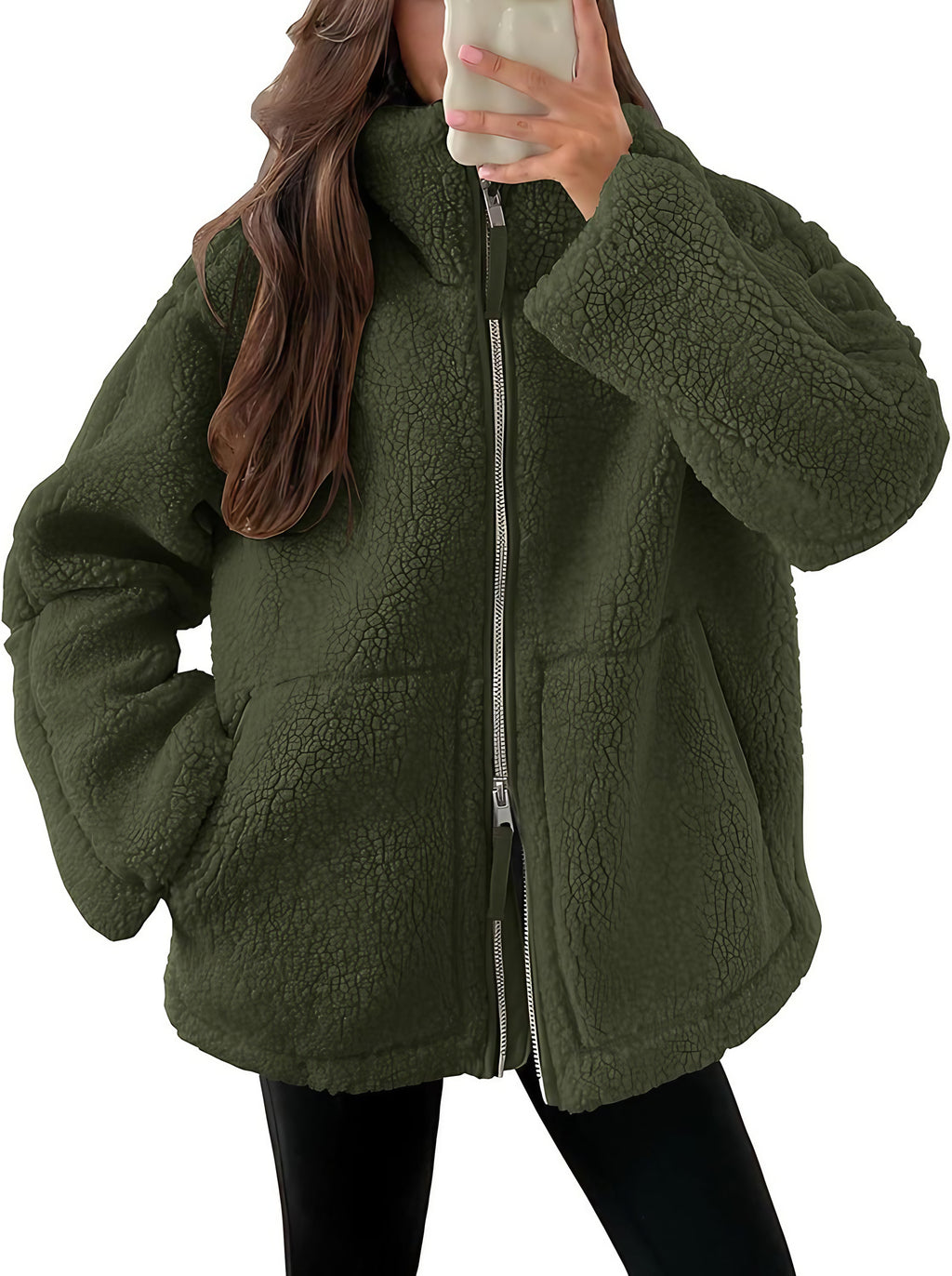 Veste polaire femme à col revers, zip et poches, neuf coloris, vert armée