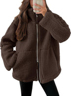 Veste polaire femme à col revers, zip et poches, neuf coloris, marron foncé