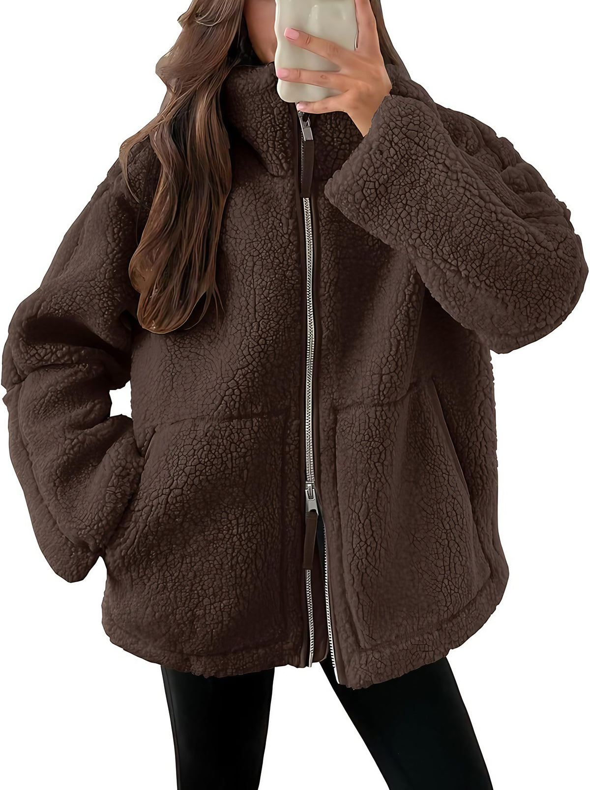 Veste polaire femme à col revers, zip et poches, neuf coloris, marron foncé