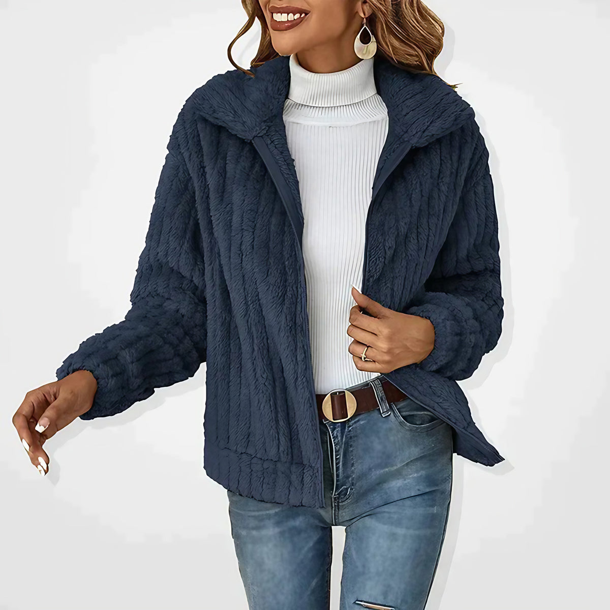 Veste polaire longue femme à col montant, du S au 3XL, bleu marine
