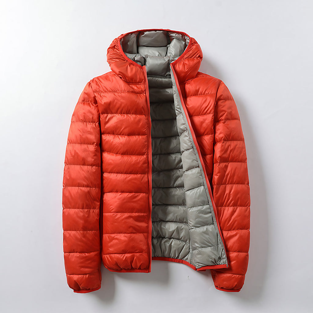 Veste matelassée légère mixte à capuche, pliable, huit coloris, orange et gris