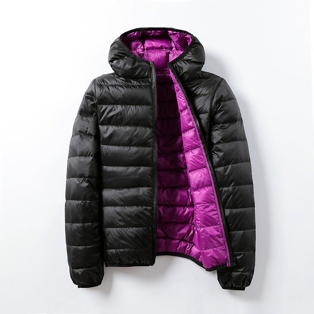Veste matelassée légère mixte à capuche, pliable, huit coloris, violet et noir